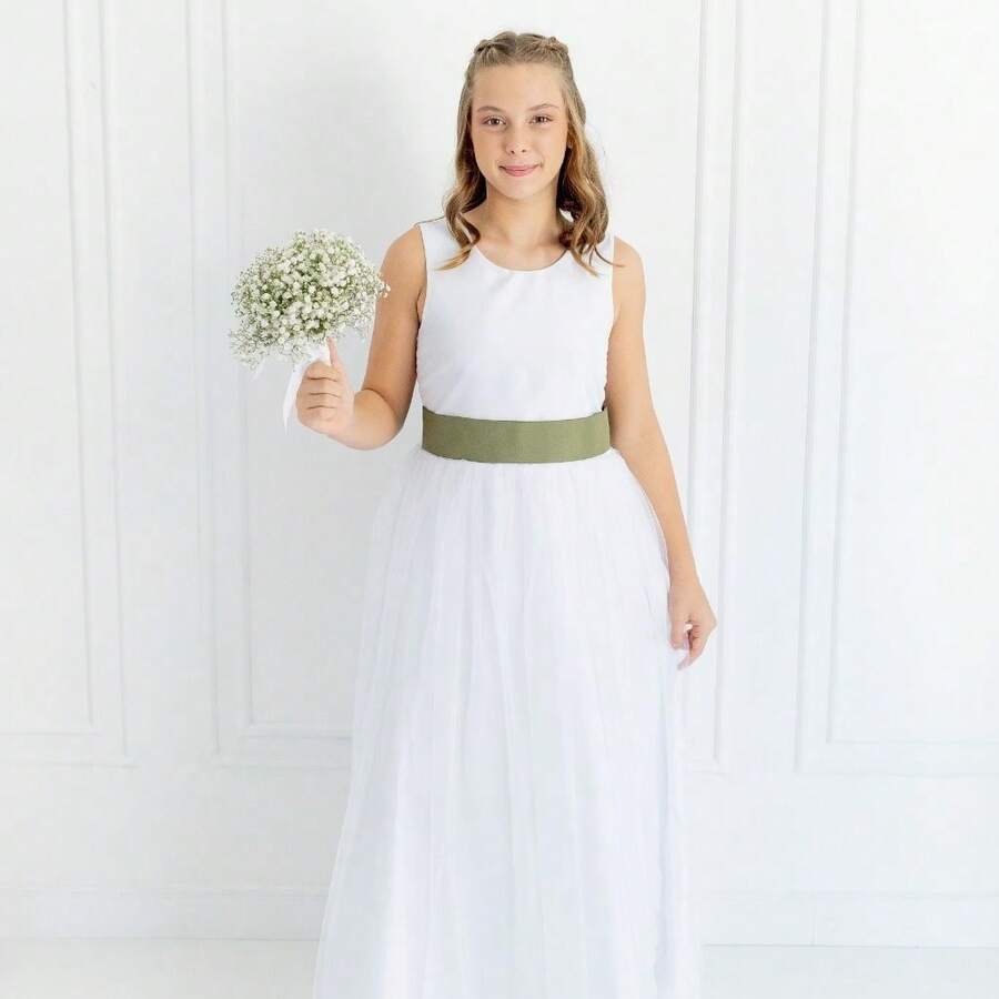 White Long Dress With Olive Pleats And White Tulle Skirt With Sash REF4072 - Olive Green - View 1