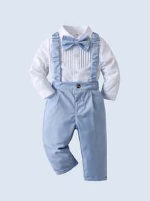 BOARNSEORL 2 piezas Conjunto de caballero para niños pequeños - Camisa de manga larga blanca con moño y pantalones con tirantes, de moda y para fiesta de cumpleaños, evento formal, boda, bautizo, 1er cumpleaños - Azul - Ver 4