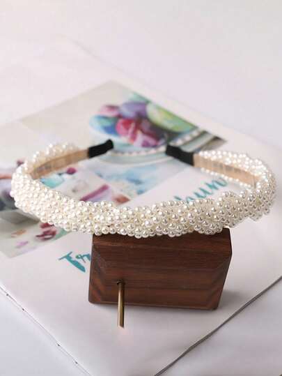 1pc White Faux Pearl Braided Headband, Baroque Style Fashion Headpiece For Women, Suitable For Party Or Daily Wear, Hair Band Hair Hoop