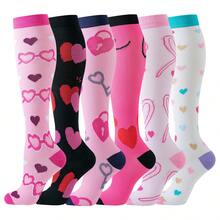 6 Pairs Women Heart Pattern Compression Socks, Long Leg Socks, Calf High Nurse Socks, Gift For Mother's Day, Valentine's Day, Y2k, Cozy - Multicolor - View 12