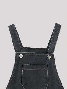 Tween 女童牛仔背带裤，2025 春夏秋季新款时尚街头风格工装裤，带侧袋，直腿连体裤 - 黑色 - 查看 2