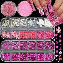 4 Boxes Pink Red Nail Gems Bow Flower Nail Charms For Acrylics - Irregular Crystals, Nails Rhinestone & Accessories For Women Nails Art Design Nails Decor(Pink & Red){"Color_name":"Colorful-19"} - 多彩-19 - 查看 2