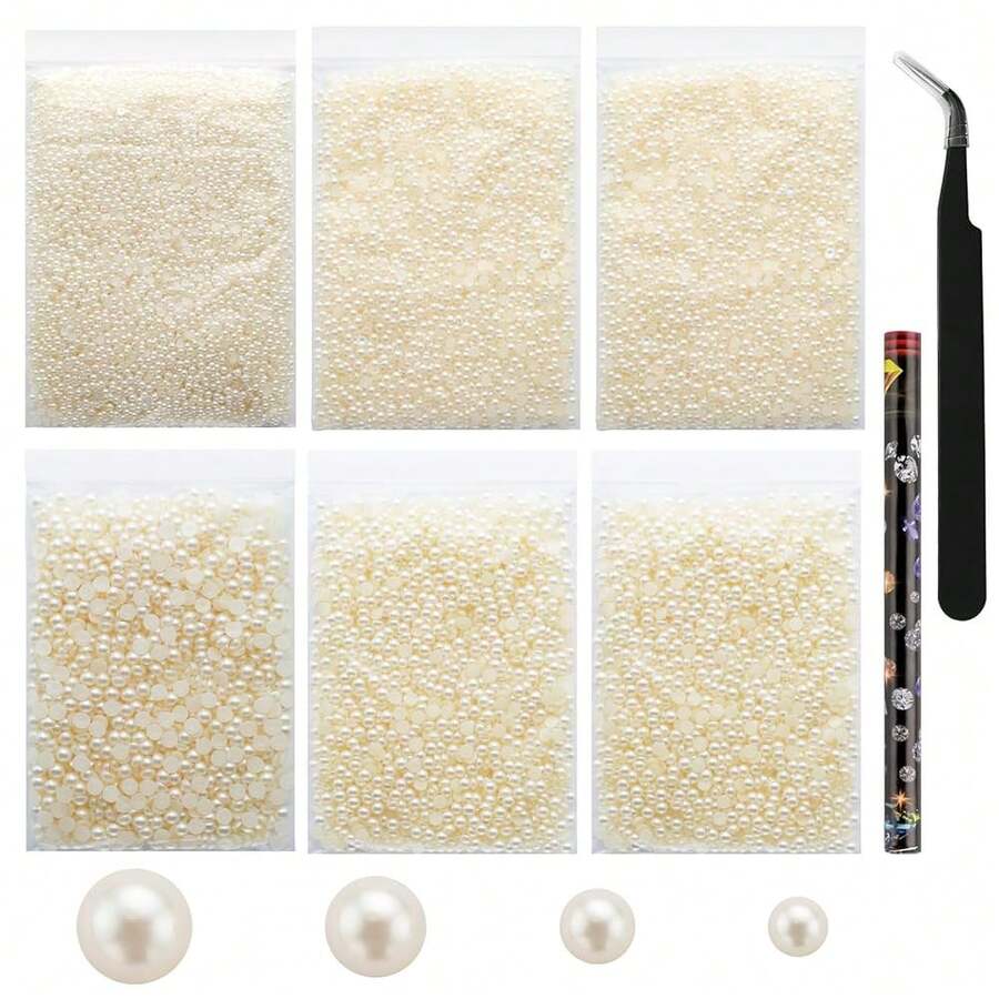 20000Pcs Beige Flat Back Pearls For Crafting, 3-6mm Small Pearls Flatback Half Beads For Bedazzling Crafts DIY Shoes, Clothing{"Color_name":"BeigePearls"} - 米色珍珠 - 查看 1