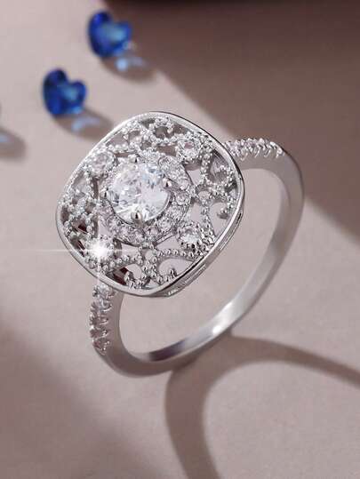 1pc Fashion Hollow Square Design Synthetic Zirconia Ring, Couples Ring, Symbol Of Eternal Love And Romance - Unique Gift For Couples, Anniversary And Daily Wear