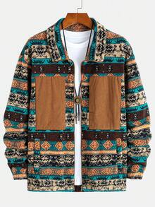 Modcrash Men Stand Collar Corduroy Jacket, Fleece Patchwork Zip Up Coat With Pockets, Autumn Winter Casual Outerwear Fall/Autumn/Winter - Multicolor - View 4