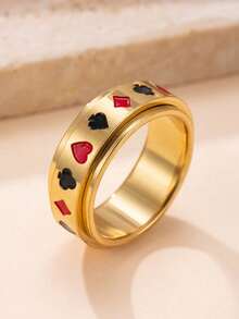 1 buah Cincin Spinner Stainless Steel Emas Motif Kartu Remi Aneka Warna untuk Meredakan Stres, Cocok untuk Pria dan Wanita, Pemakaian Sehari-hari, Hadiah Hari Valentine - Emas - View 4