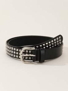 1pc Silver Buckle Square Pyramid Classic Fashion Women's Waist Belt, 2.8cm Wide PU Leather, Suitable For Daily Commute