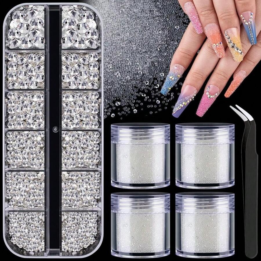 1.5-6mm Round Clear Nail Rhinestones Crystals For Nail Art Manicure And AB Clear Pixie Caviar Beads, Sugar Tiny Dust Glass Iridescent Long Lasting Shine Rhinestone Bead Gem Jewels Diamond{"Size_name":"1.5-6mmCLear+ABClear"} - 1.5-6mmCLear+ABClear - View 1