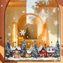1 pieza Decoración navideña para ventana, Patrón de casa de Papá Noel y bosque, Pegatina de vinilo con adherencia estática, Calcomanía removible para vidrio, Fácil de aplicar, Decoración del hogar - Multicolor - Ver 3