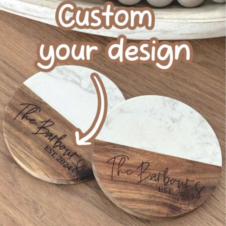 Custom Insulated Coasters Spliced Acacia Wood Round Coffee Placemats Teacups, Marble Wood Coasters, Customized Gifts, Lovers' Anniversary Gifts, Personalized Gifts, Wedding Gifts, Christmas And Valentine's Day Gifts, Customized Housewarming Gifts. - Multicolor - View 1