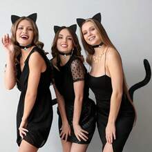 3 PCS Black Cat Costume Accessories Set For Women Black Cat Ears Headband Long Tail And Bell Choker Necklace Halloween Cats Cosplay Accessory Kit For Halloween Cosplay Dress Up Party Costume