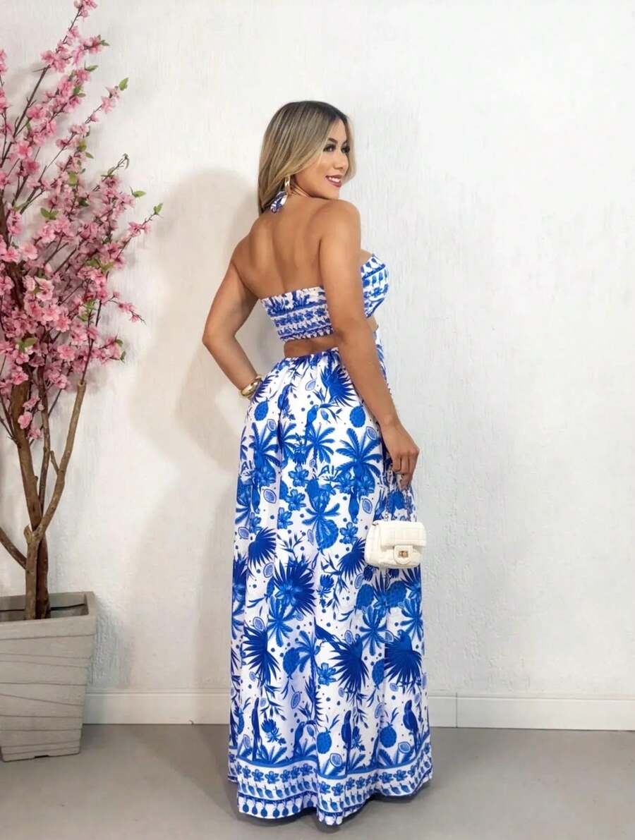 Printed Long Dress With Padded Summer 4 Ways To Wear - 藍白色 - 查看 1