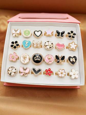 10Pcs Fashion Colorful Y2K Adjustable Rings For Teen Girls Flower Heart Butterfly Enamel Rings Cute Rings Jewelry Assorted Varieties (Not Including Box)