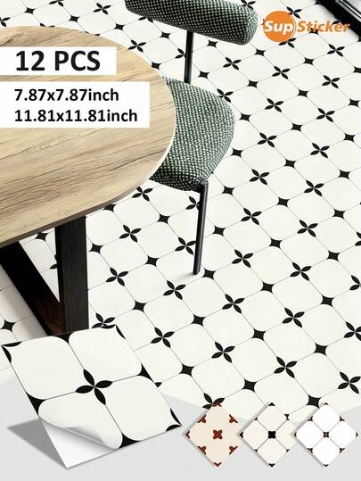 SUPSTICKER 12pcs Vintage-Style Multi-Color Cross Flower Pattern PVC Self-Adhesive Floor Tiles, Waterproof, Anti-Fouling, Easy To Clean, Suitable For Bathroom, Kitchen, Balcony, Shower Room Floor Decoration And Renovation