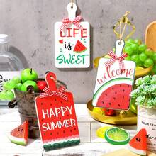 Watermelon Theme Wooden Hanging Decoration Summer Party Fruit Watermelon Hanging Sign Wooden Crafts Kitchen Decorations - 西瓜辣椒木掛牌3款一套 - 查看 4