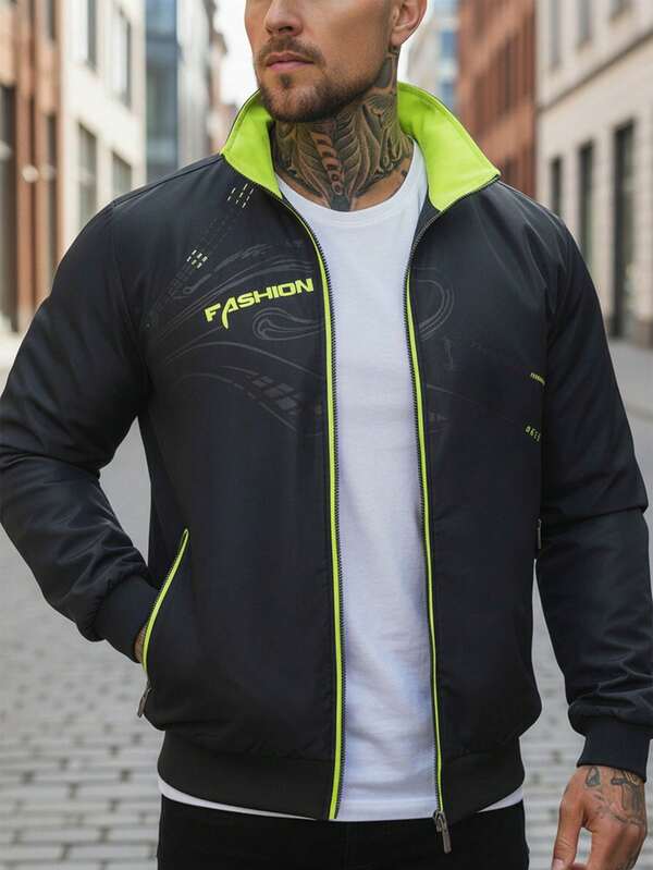 Men Reversible Black And Neon Green Jacket - Casual Sporty Style, Polyester, Zip-Up With Stand Collar, Long Sleeves, Pockets, Ideal For Hiking & Casual Attire, Hiking Apparel|Modern Zip Up Jacket|Zipper Details, Fall