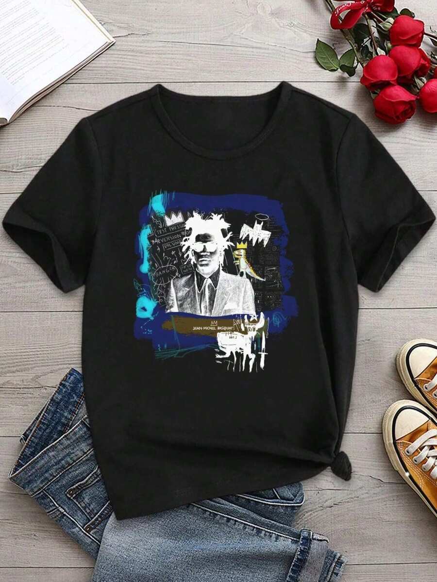 Camisetas De Mujer Valentine's Day Jean-Michel Basquiat T-Shirt Basquiat Art Dinosaur King Crown Painting - Women's Tee - màu đen - Xem 1
