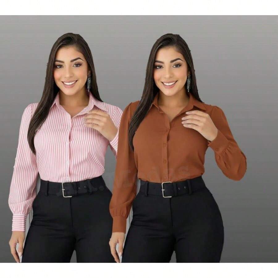 2-Piece Set Of Women's Fashion  Formal Shirts, One In Each Color - BỘ ÁO SƠ MI SỌC HỒNG VÀ ÁO SƠ MI MÀU CARAMEL - Xem 1