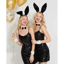 Halloween Bunny Costume Accessories 5 PCS Rabbit Ears Headband Tail Bow Tie Collar Cuffs For Adult Women Cute Floppy Fluffy Cosplay Set Black And White