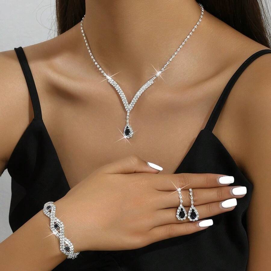 Women's Black Alloy Pendant Necklace And Earrings Set For Wedding 2 In 1 Jewelry Set - Dây chuyền + Hoa tai + Vòng tay - Xem 1