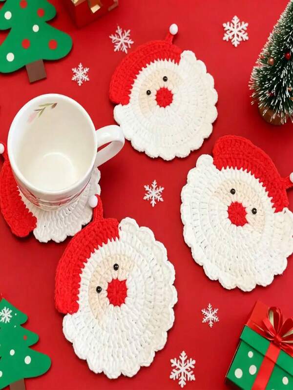 1/2pcs Handmade Crocheted Santa Claus Coasters - Holiday Red And White Christmas Decorations, Durable Fabric Beverage Coasters, Holiday Table Decorations, Hand Washable Only, Unique Christmas Gifts, Christmas Wreaths, Seasonal Tableware, Dreamy Decorations, Carefully Crafted, Crocheted Christmas Coasters, Christmas Coasters, Matching Tableware, Handmade Decorations, Craft Enthusiasts