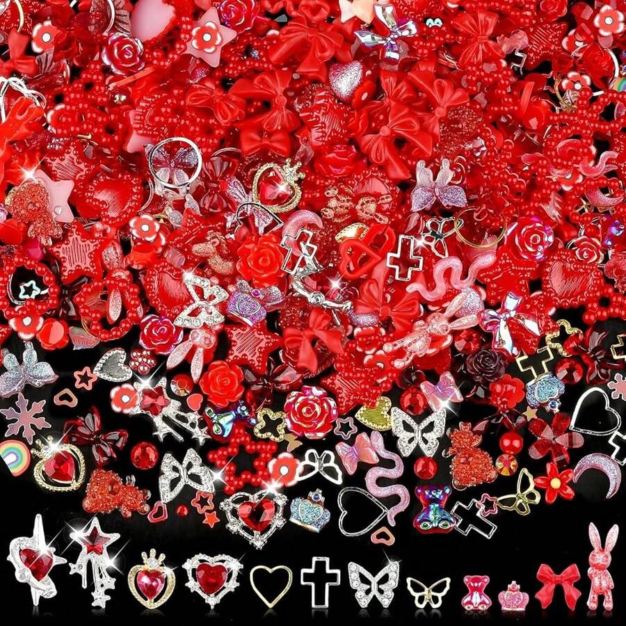 3D Flower Nail Charms Set,150pcs Mixed Size Camellia Rose Resin Charms,150pcs Mixed Size And Color Leaves,100pcs Round White Pearl Beads For Nail Accessories Nail Art (25-Metal-Red){"Color_name":"Metal-Red"} - 金屬紅 - 查看 1