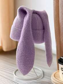 قبعة محبوكة بلون واحد للنساء، بوهيمي عصري أنيق لحفلات الشارع الموضة الخريفية/الشتوية دافئة وسميكة بأذن أرنب جذابة، مناسبة للاستخدام الخارجي