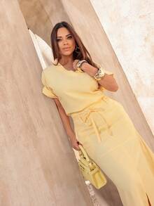 Conjunto feminino viscose sensorialle saia midi e blusa gola drapeada elegante maravilhoso chic casual