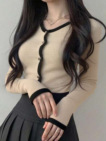 Contrast Color Trim Button Front Cardigan, Suitable For Office, Casual, Date, Spring & Autumn