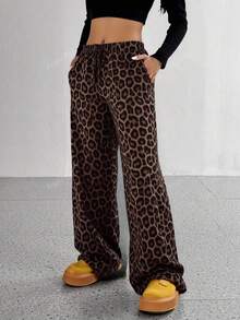 Pantalones de pierna ancha con estampado de leopardo para mujer, cintura elástica, pantalones sueltos casuales - café - Ver 3
