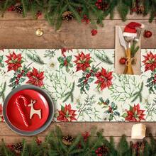 1 Set Leinen Weihnachts-Tischläufer, entworfen mit einem Poinsettia-Muster mit Tannenzweigen, Stechpalme und Beeren als Verzierungen, strapazierfähige Polyester rechteckige Tischdecke, Weihnachtsdekoration geeignet für ländliche Feiertags-Dekoration