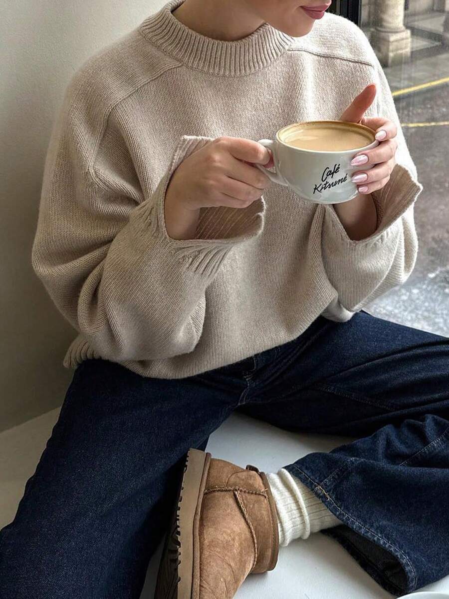 Women's Solid Color Casual Loose Elegant Ribbed Cuff Split Hem Long Sleeve Crew Neck Pullover Sweater, Suitable For Home And Daily Wear, Autumn - Khaki - View 1
