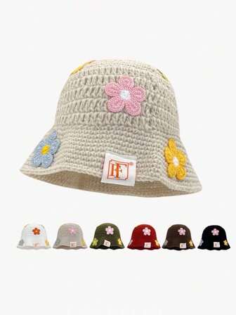 1pc Women's Autumn/Winter Round Top Bucket Hat, Delicate Floral Embroidery, Brand Logo Label, Wide Brim Design, Fluffy Round Top, Windproof And Warm, Elegant And Fresh, Suitable For Holidays, Outings With Friends, Campus Wear, Daily Wear, Artistic Occasions, Multi-Scenario Fashion Matching