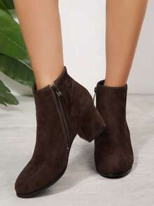 粗跟、圆头、踝靴、侧拉链、高跟、简约时尚、百搭女士高跟靴，冬季 - 咖啡棕 - 查看 5