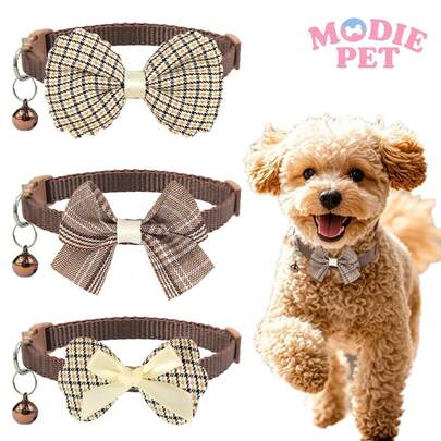 3 יחידות קולר פעמון לחיות מחמד מתכוונן בצבע קפה עם אבזם רצועה, קולר חמוד לחתולים וכלבים קטנים