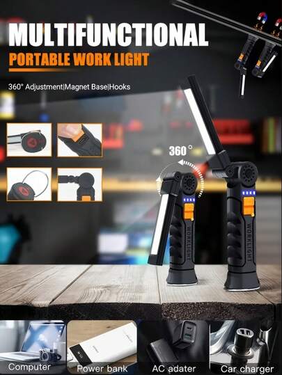 1pc USB Rechargeable Flashlight, Hanging Hook Work Light, Foldable Handheld Torch, Bright Flash Light With Magnetic Base For Outdoor Camping, Fishing, Emergencies, For Stores