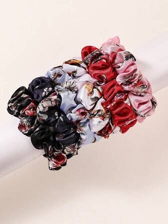 6pcs Elegant Printed Soft Satin High Elasticity Hair Scrunchies