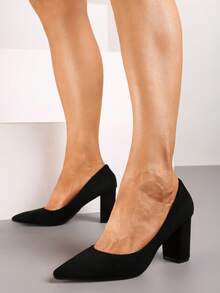 Soft Velvet Pointed Toe Block Heels - Women's Classic Work/Office Shoes - Black - View 2