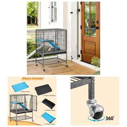 Small Animal Cage 85cm Metal Habitat Pet Rats, Ferrets, Chinchillas With Rolling Stand, Removable Ramp Lockable Doors