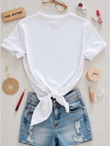 Camiseta de mujer estilo casual con estampado minimalista de mariposa, diseño artístico, color claro, ajuste holgado, cuello redondo, manga corta, primavera/verano, uso diario, T-shirt - Blanco - Ver 2