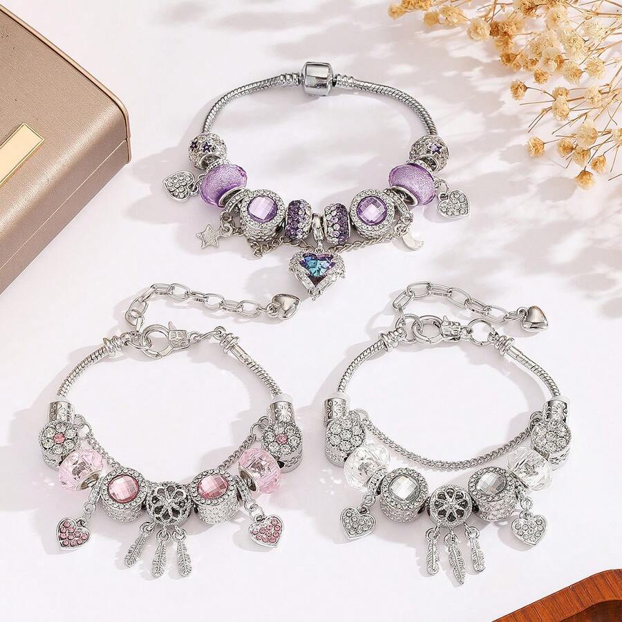 Women's Chain Bracelet DIY Bracelet Accessories, Starry Sky Crystal Beaded Sunflower Double Heart Pendant, High-End Elegant Heart-Shaped Elements, Adjustable Size, Ideal Gift For Couples, Family And Friends