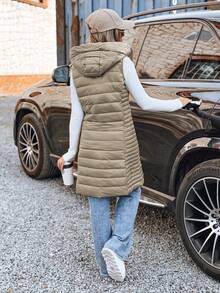 Long Hooded Quilted Vest For Women, A Lightweight And Warm Transitional Vest With A Comfortable Style, Double Zipper And Practical Pockets, Perfect For Everyday Looks, Walks And Travel In Autumn And Spring - Khaki - View 4