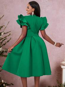Women's Sweetheart Collar Ruffle Flare Hem Swing Party Dress With Cap Flared Sleeves