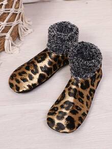 5 Pairs/10 Pairs Women's Leopard Print Thermal Lined Ankle Socks, Warm Indoor Slippers Socks, Casual Fashion ,On Slipper Socks, Cozy Socks - Multicolor - View 3