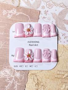 10 Stücke Y2K 3D exquisite lebendige Blumen Enten-Mund Künstliche Nägel, transparentes gestreiftes Design, rosa Schleifen-Akzent, glamouröse florale Elemente French Manicure, elegant und jugendlich, geeignet für Alltag, Lässig, Feiertage, perfektes Geschenk für Frauen und Mädchen (zufälliges Verpackungskarte)