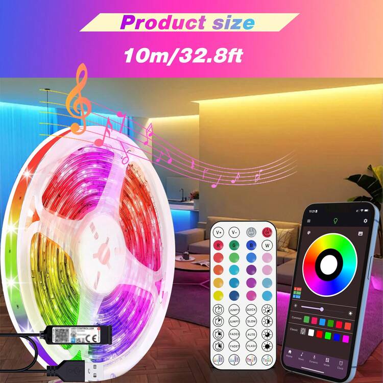 3ft-100ft Led Strip Lights With Music Sync Color Change, With App And 44 Key Remote Control, Timing Settings, Brightness Adjustment, Easy To Install, Led Lights Suitable For Bedroom, Room, Living Room, Home Decor, Halloween Party Party Atmosphere Decoration, Christmas Decor(Requires 2 Batteries AAA Battery)