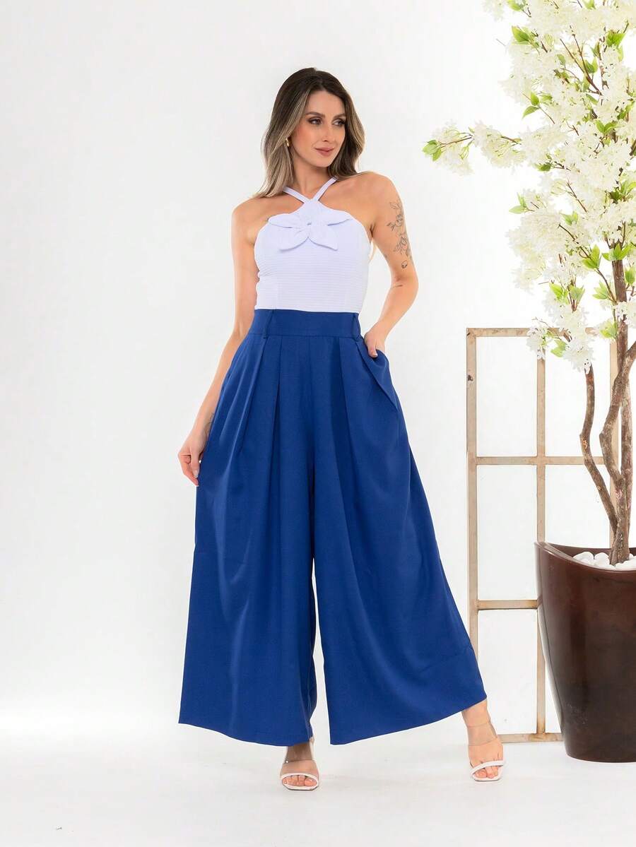 Women's Wide Leg High Waist Wide Leg Pants - Royal Blue - View 1
