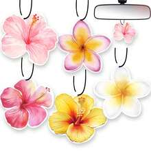 Ambientador de coche con flor de hibisco | Set de 5 piezas de accesorios de coche con aroma duradero y diseño lindo en color rosa para playa | Decoración colgante para espejo retrovisor interior del coche con aroma para mujeres y adolescentes