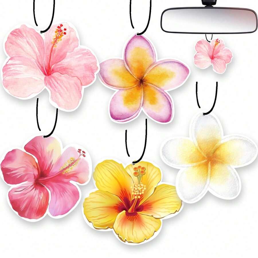Ambientador de coche con flor de hibisco | Set de 5 piezas de accesorios de coche con aroma duradero y diseño lindo en color rosa para playa | Decoración colgante para espejo retrovisor interior del coche con aroma para mujeres y adolescentes