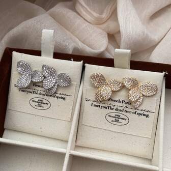 Fully Rhinestone Flower Earrings, Elegant Luxury Style Lily Flower Earrings, Women Jewelry